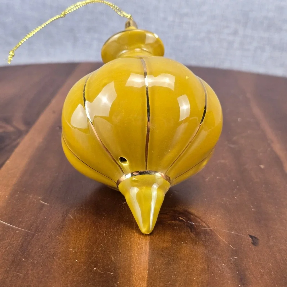 Mustard Yellow Ceramic‎ Finial Christmas Ornament Gold Ribbed Onion Glossy Retro
